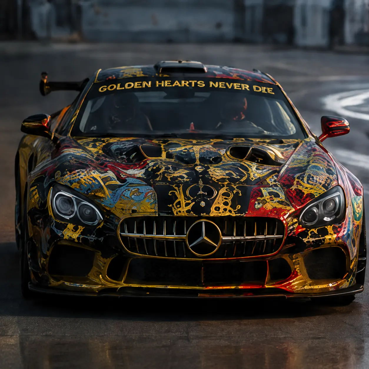 Hand painted art car in gold and black