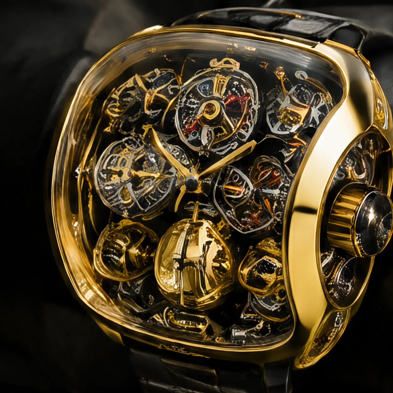 Golden engine watch with exposed mechanical movement