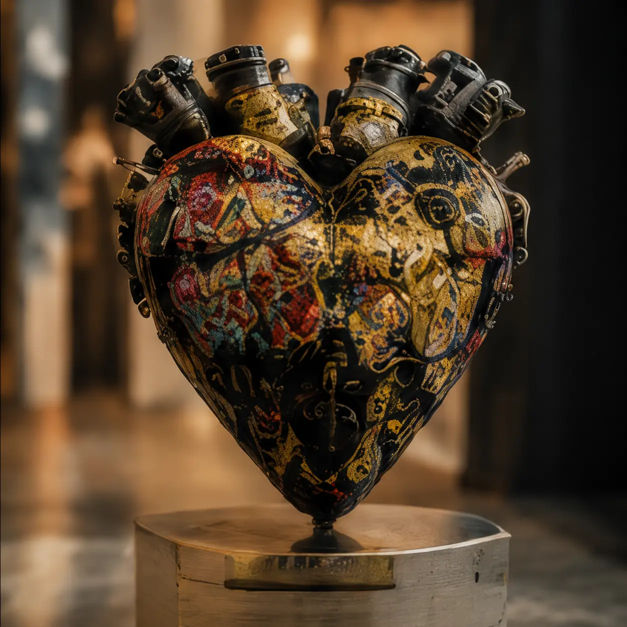 Golden heart sculpture on a pedestal