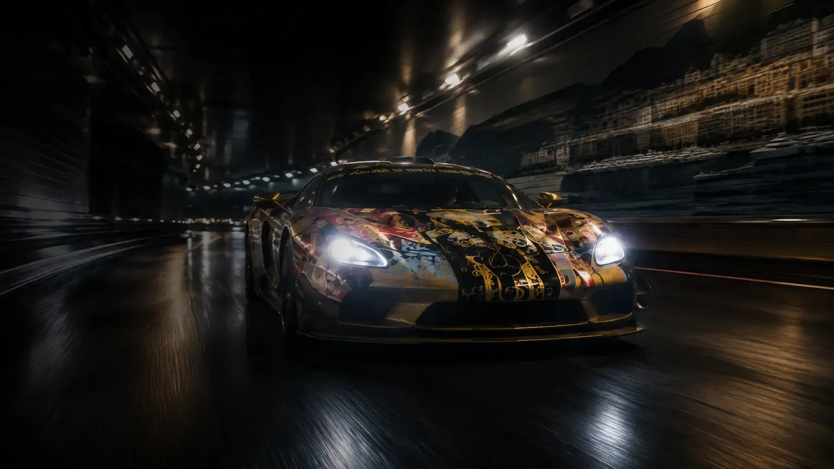 Golden Hearts Never Die art car accelerating through a tunnel